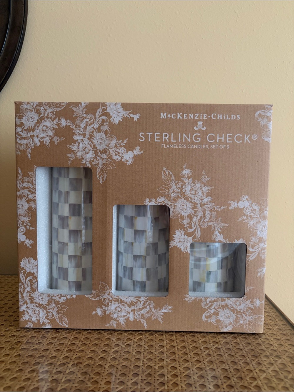 MacKenzie-Childs Sterling Check Flameless Candle Trio - Gray and Cream Mosaic
